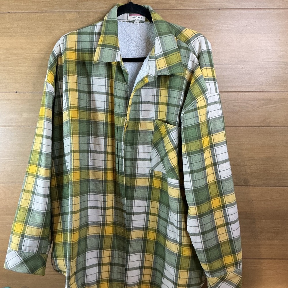 Andrée by Unit Plaid Sherpa Shacket Womens 2X Green Yellow Lined Button Jacket